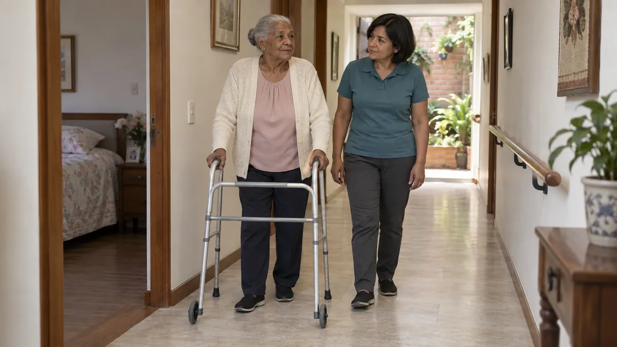 Ilustración: una señora mayor camina con su caminador por el pasillo de su casa, acompañada por una cuidadora.