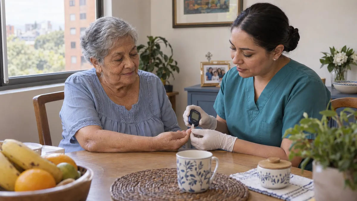Ilustración: una auxiliar de enfermería mide la glucosa a una señora mayor en la mesa del comedor.