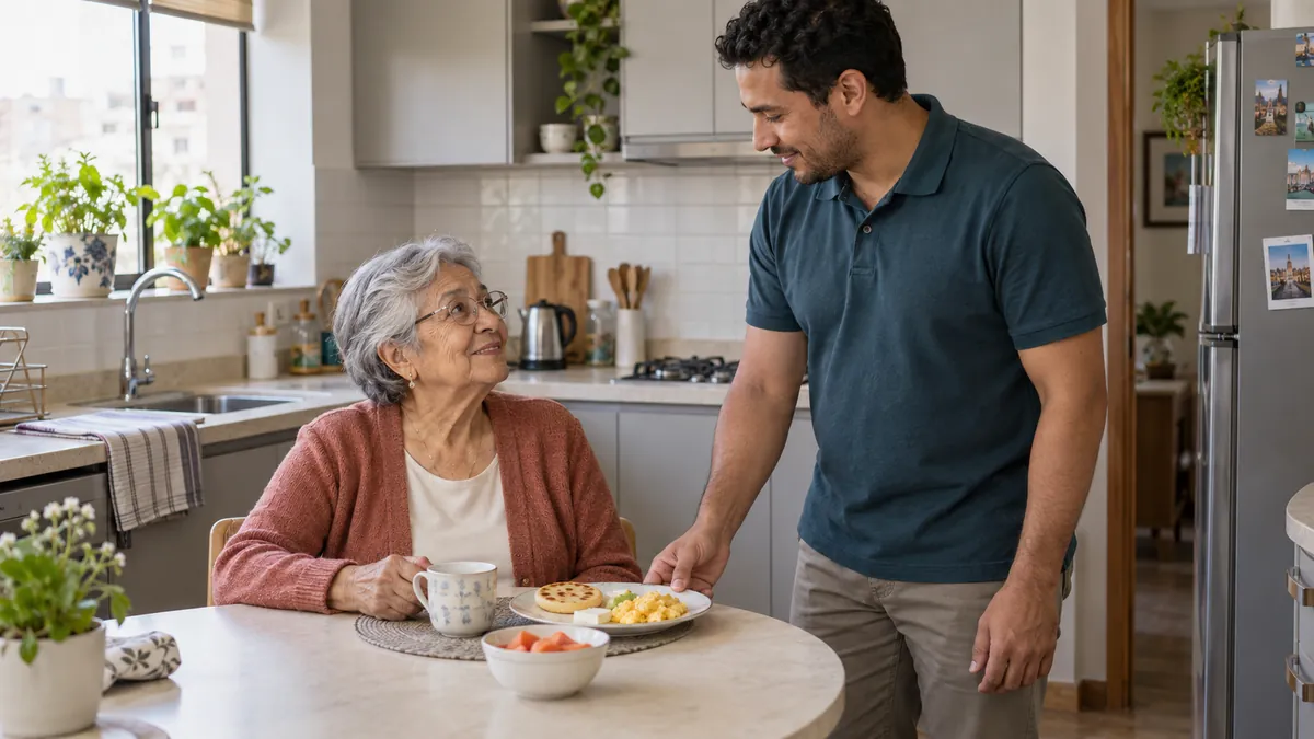 Ilustración: un cuidador le sirve el desayuno a una señora mayor en la cocina de su casa.