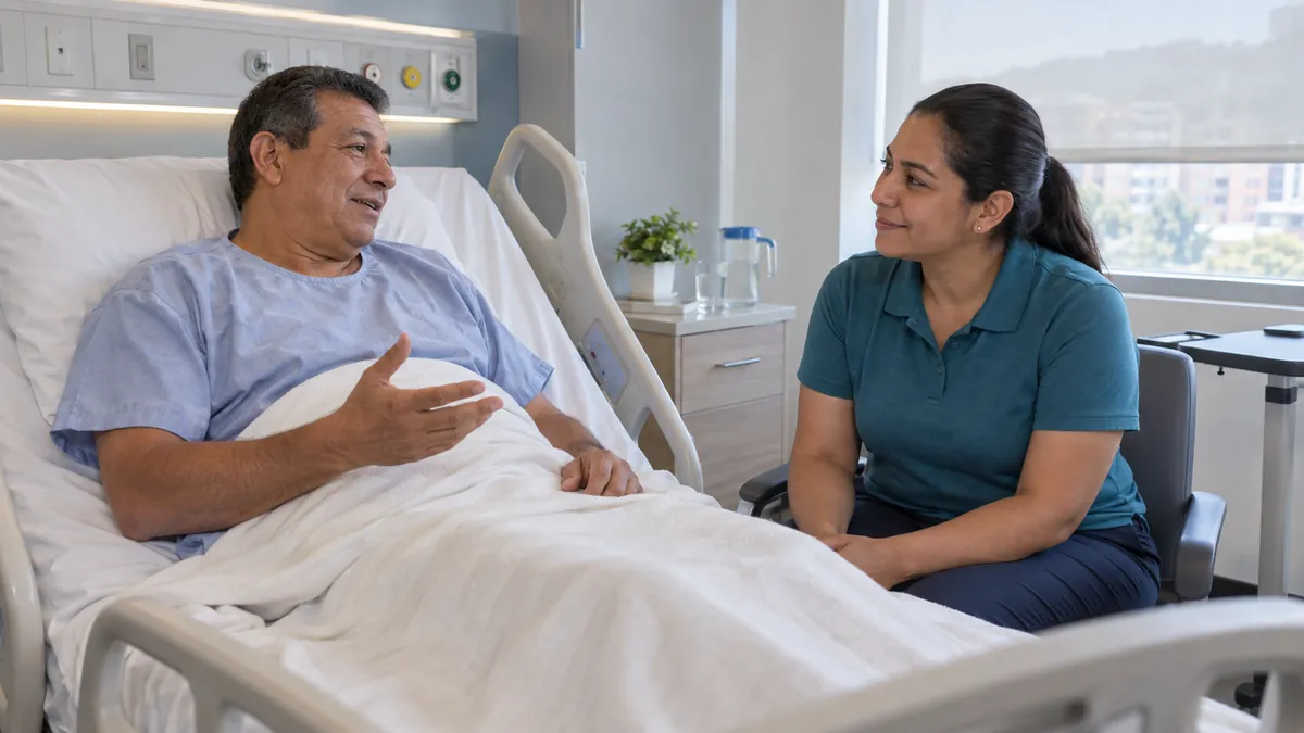Ilustración: una acompañante conversa con un señor hospitalizado junto a su cama.