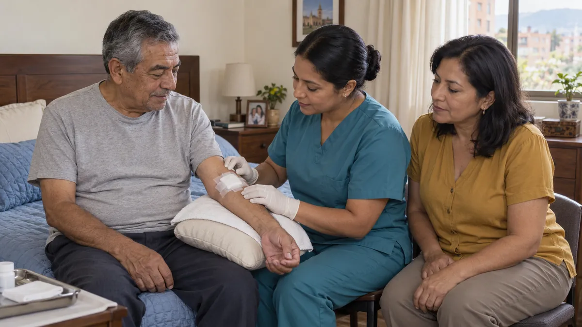 Ilustración: una auxiliar revisa la curación del brazo de un señor mayor sentado en su cama, con una familiar cerca.