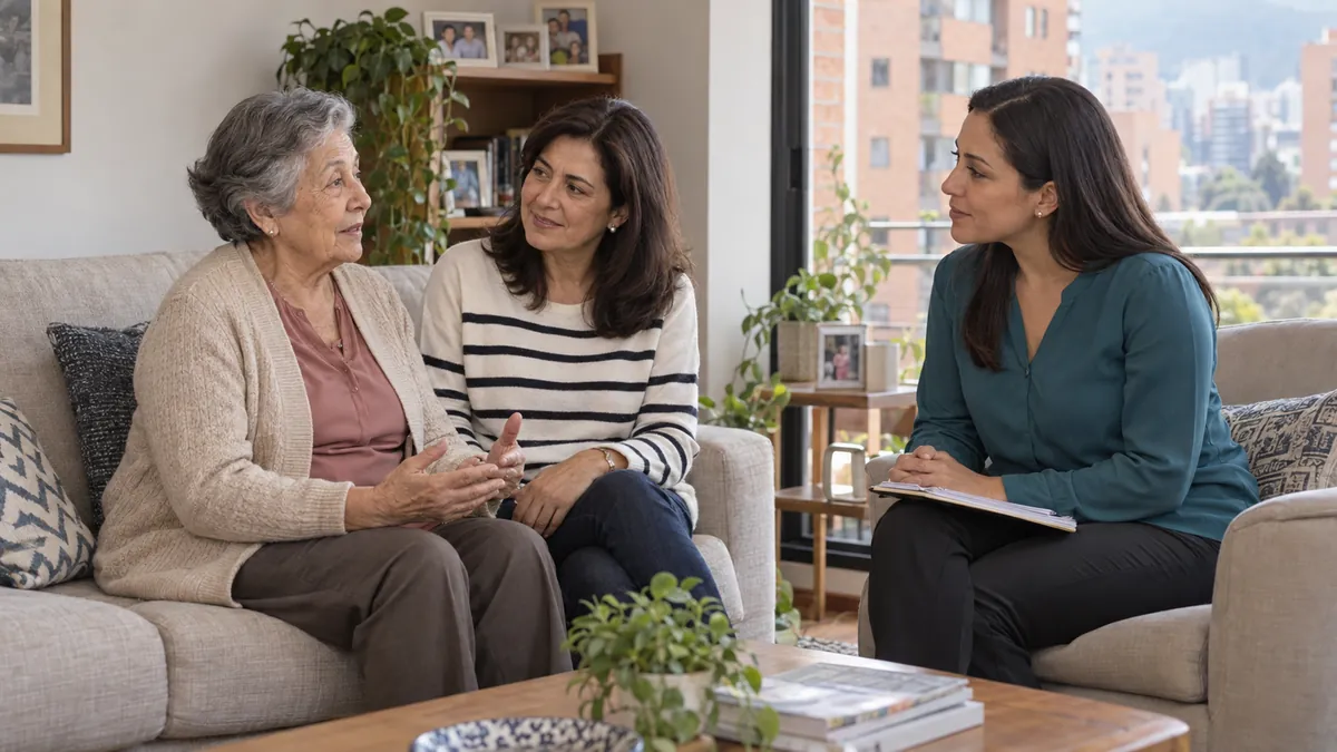 Ilustración: una integrante del equipo conversa con una señora mayor y su hija en la sala de su casa, con una libreta en la mano.