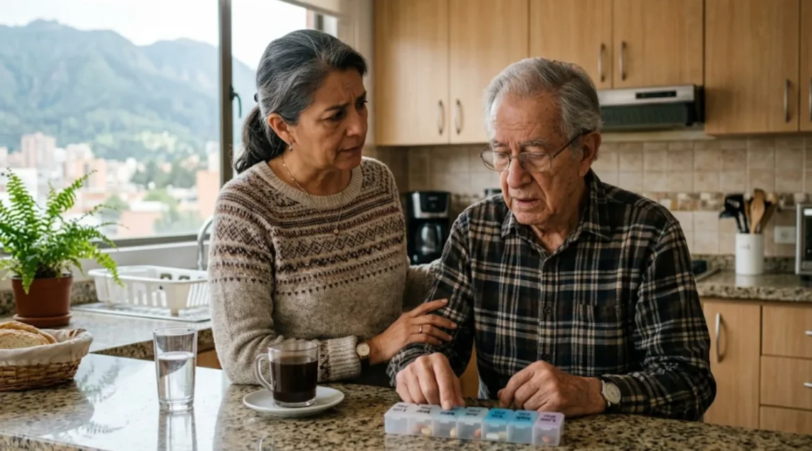 Personal especializado en cuidado de adulto mayor supervisando la administración de medicamentos en casa.