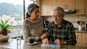Personal especializado en cuidado de adulto mayor supervisando la administración de medicamentos en casa.