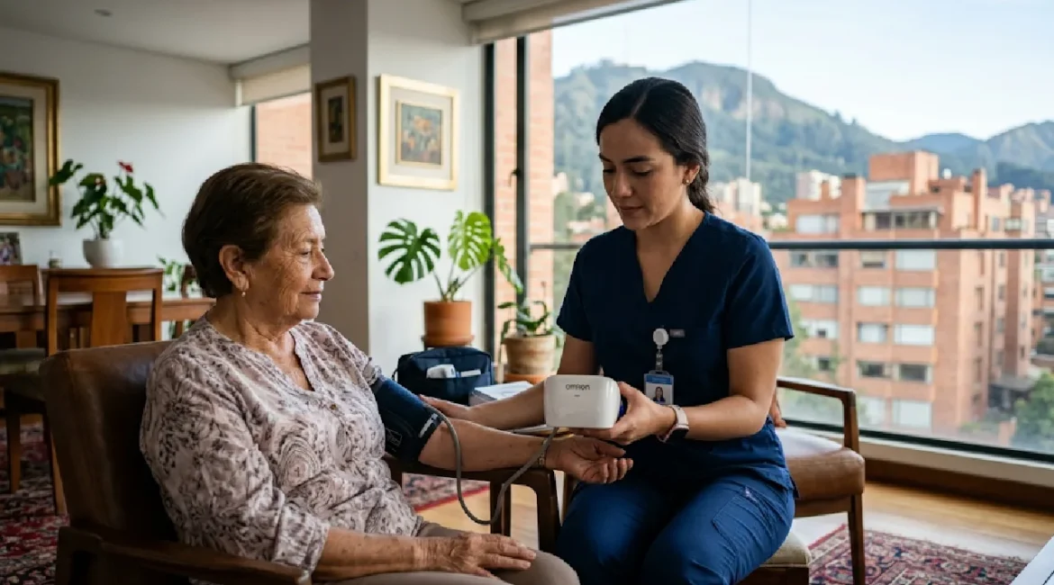 Enfermera a domicilio realizando toma de tensión y monitoreo de signos vitales como parte del servicio de cuidado de adulto mayor.