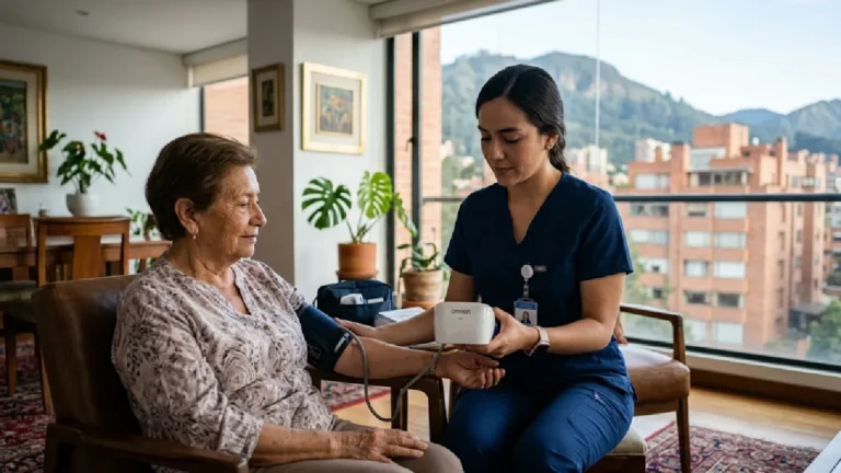 Enfermera a domicilio realizando toma de tensión y monitoreo de signos vitales como parte del servicio de cuidado de adulto mayor.